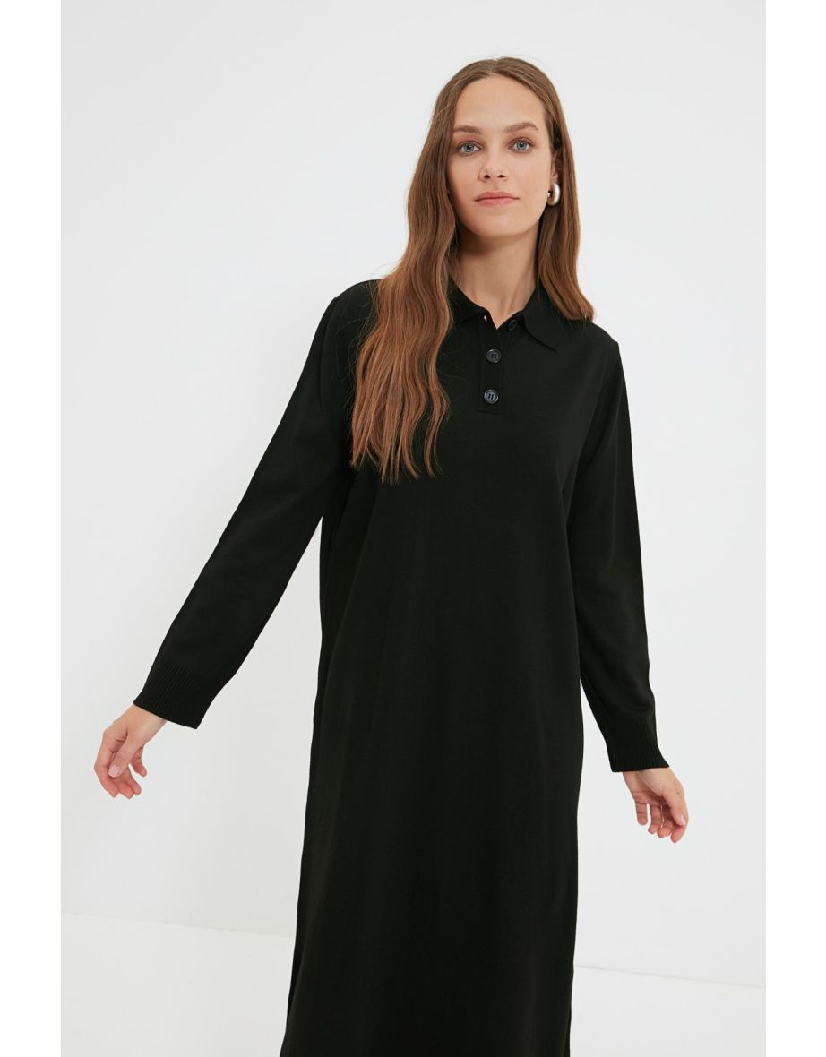 Black Column Maxi T-Shirt Dress with Long Sleeve - 4