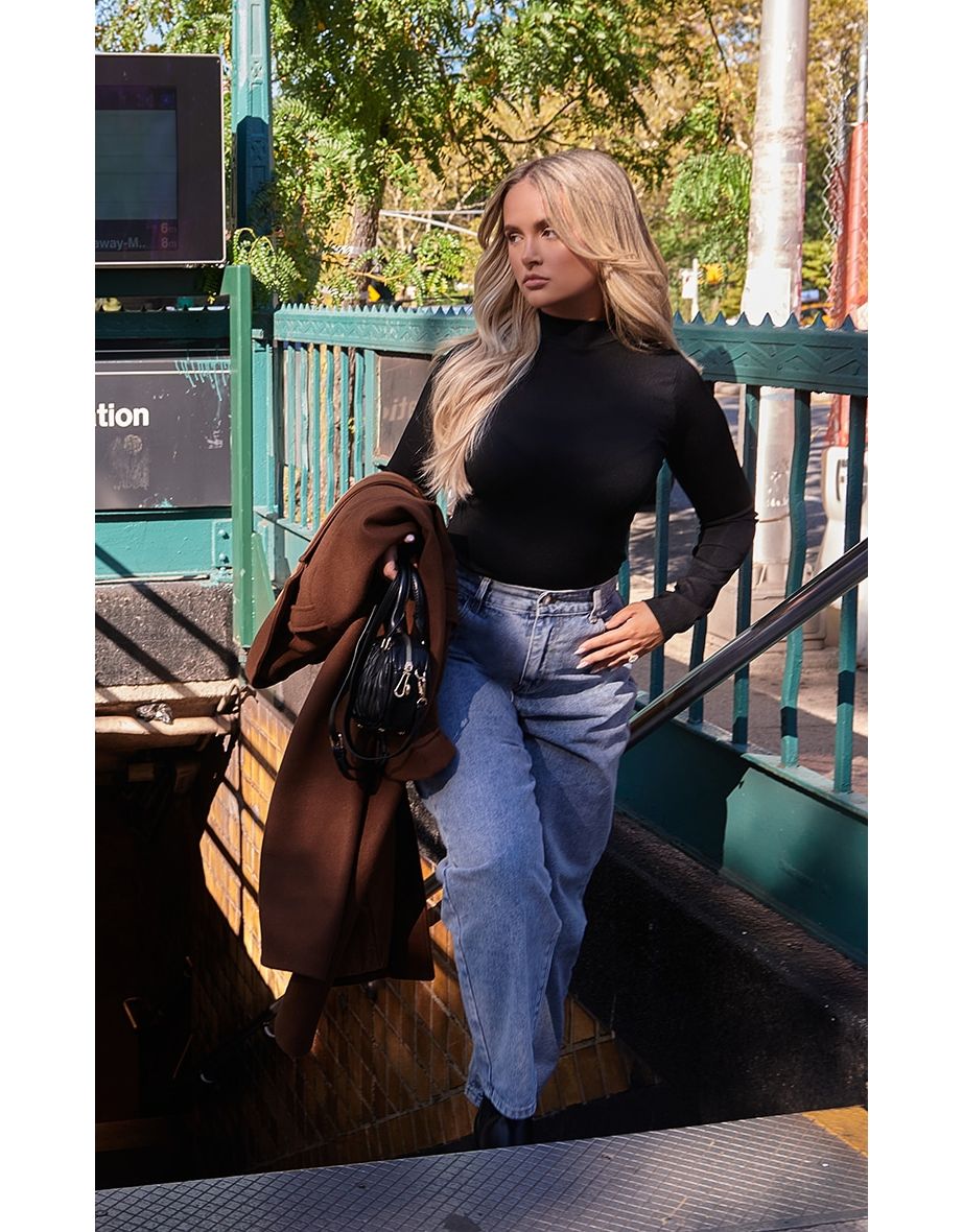 Black Basic Soft Ribbed High Neck Long Sleeve Bodysuit