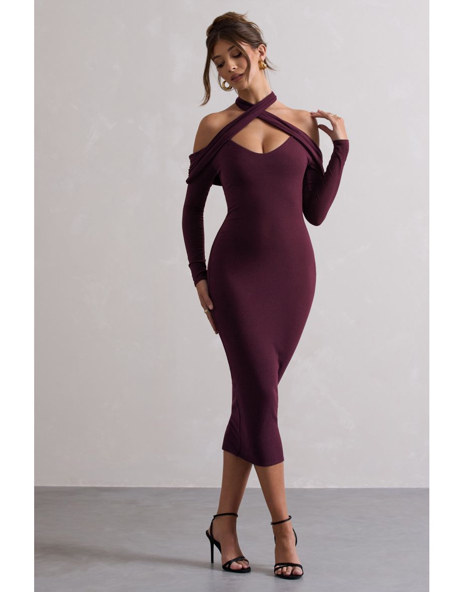 Duet | Plum Rib Knit Halter-Neck Midi Dress With Cut-Out