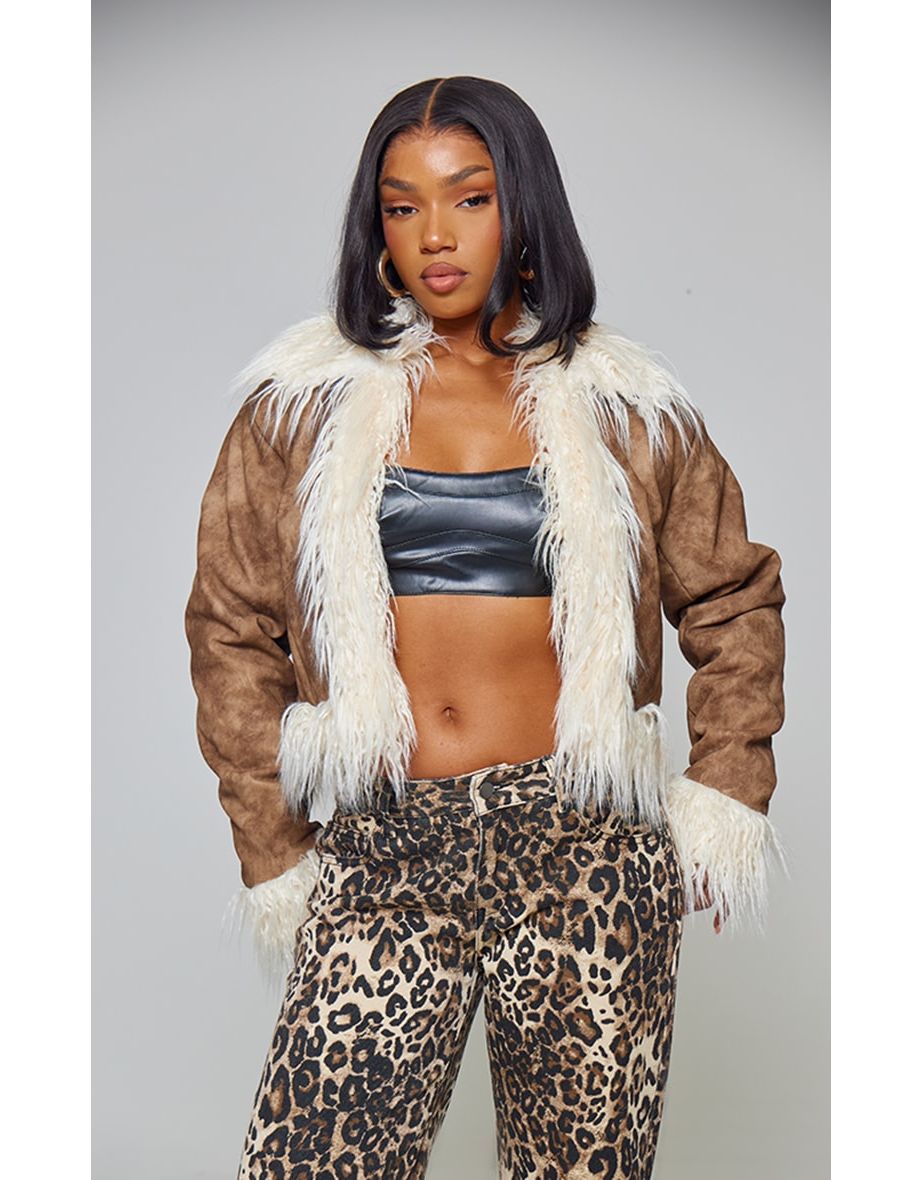 Chocolate Distressed Pu Faux Fur Cuff And Collar Jacket