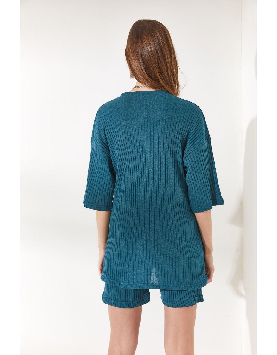 Women's Petrol Blue Bottom Short Leggings Top Loose Blouse Suit - 5