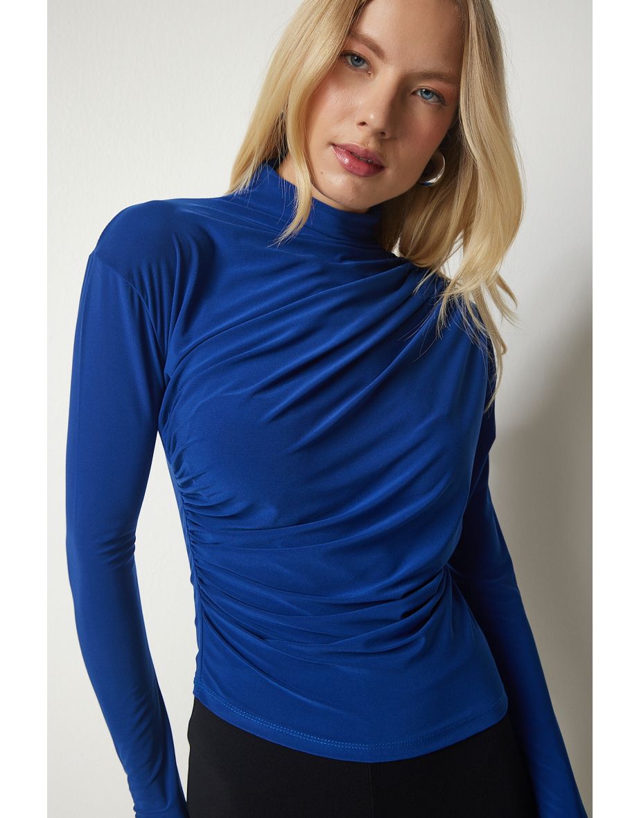 Women's Blue Smocking Detail Standing Collar Sandy Blouse