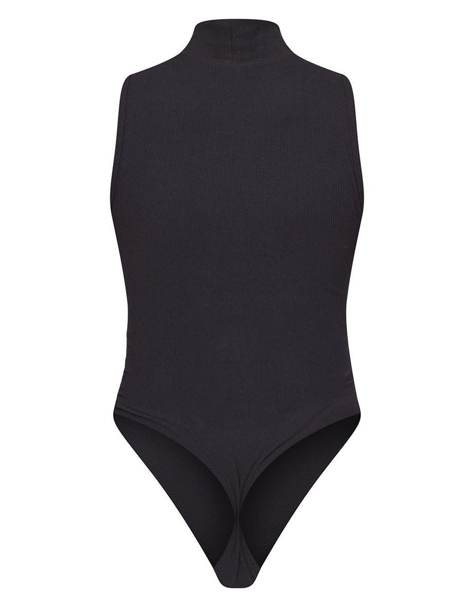Black Rib High Neck Sleeveless Bodysuit - 5