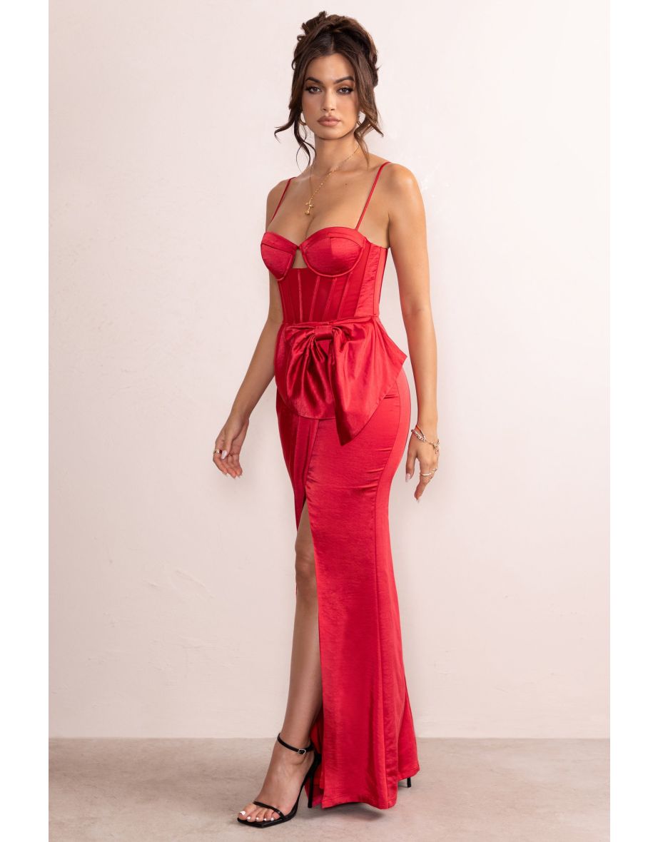 Odette | Red Satin Square Neck Corset Bow Detail Maxi Dress - 3