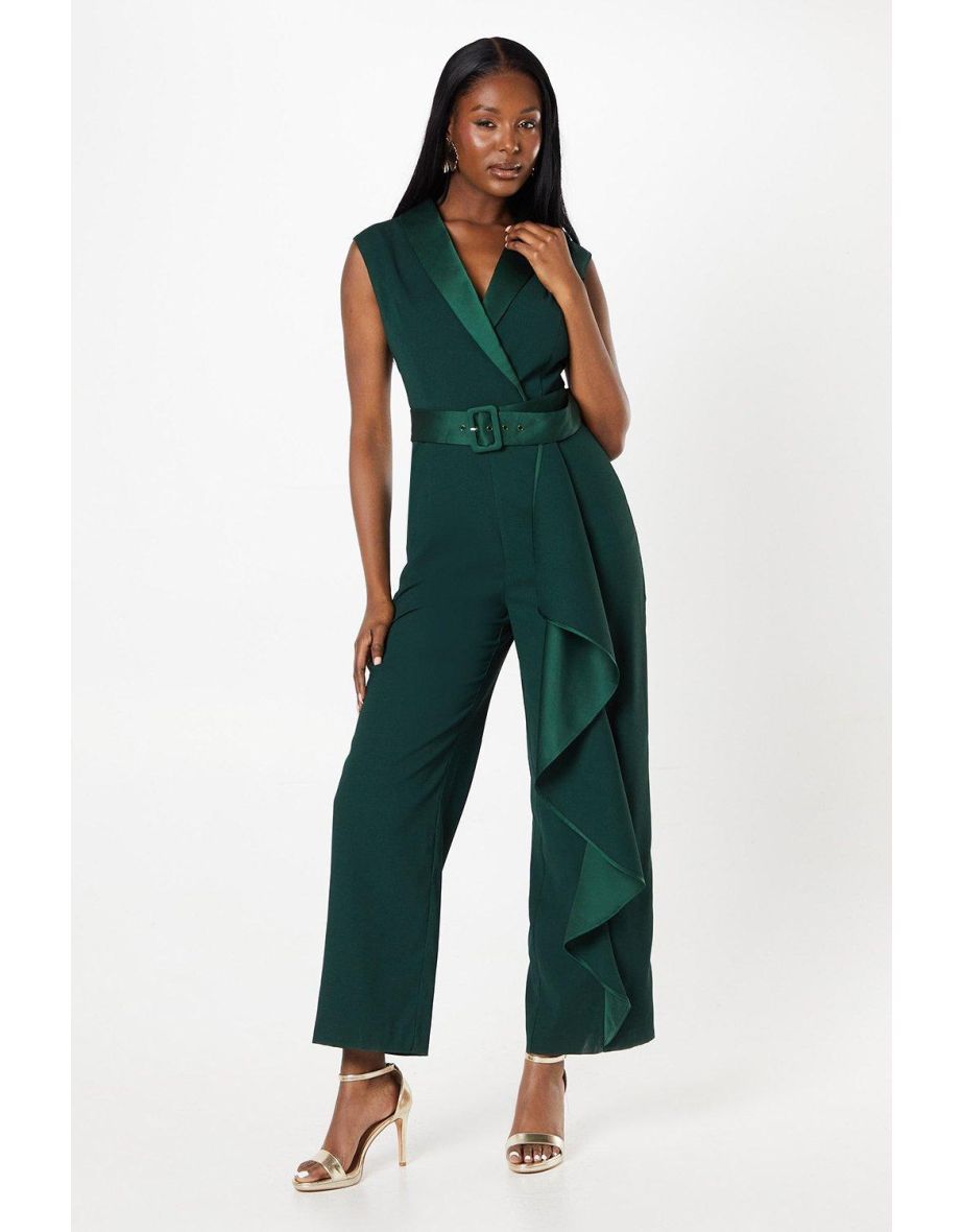 Belted Tuxedo Jumpsuit With Waterfall Ruffle