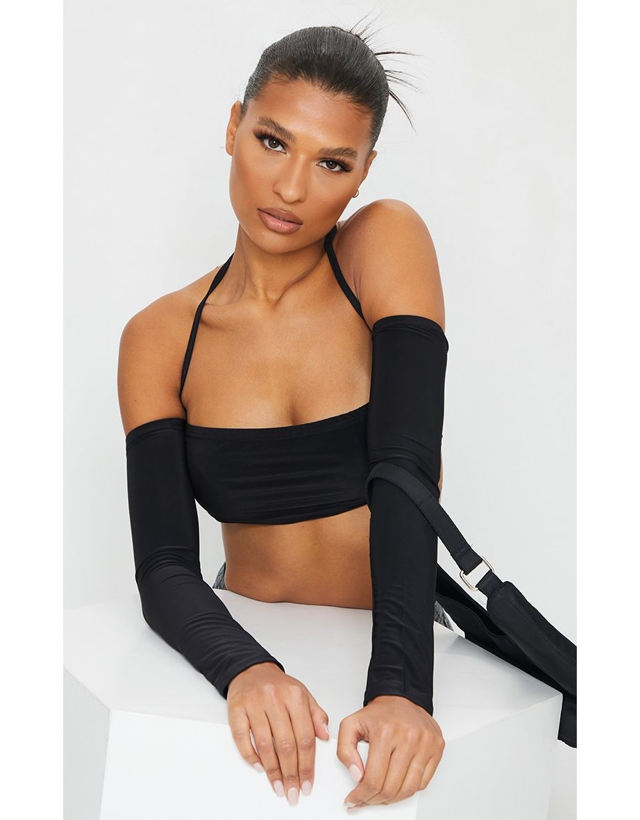 Black Slinky Halterneck Long Sleeve Crop Top