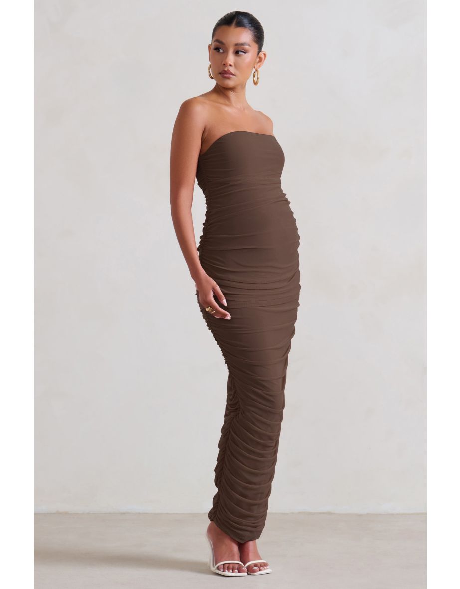 My Lady | Chocolate Maternity Brown Strapless Bodycon Ruched Mesh Midi Dress - 3