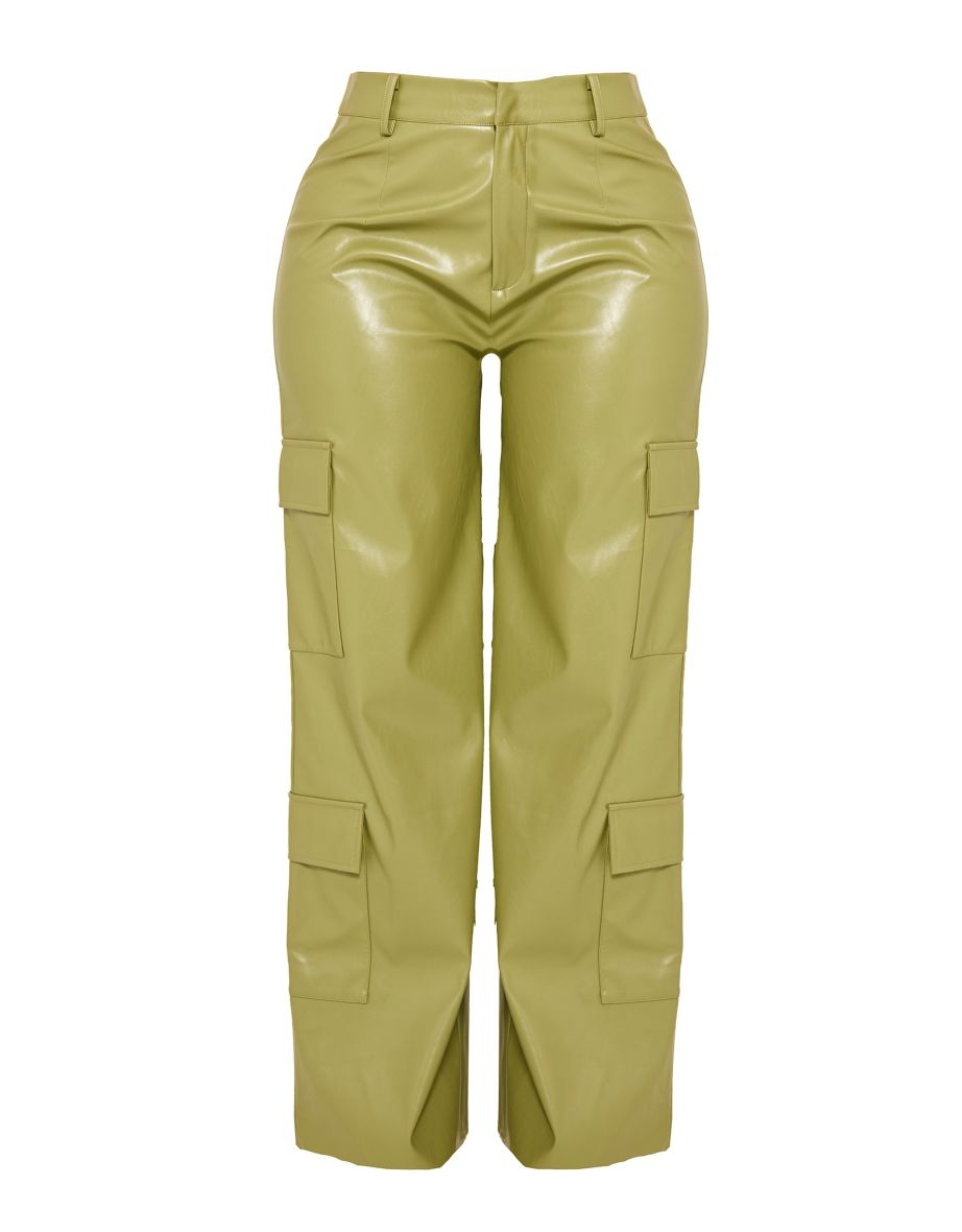 Shape Khaki Faux Leather Straight Leg Cargo Trousers - 4