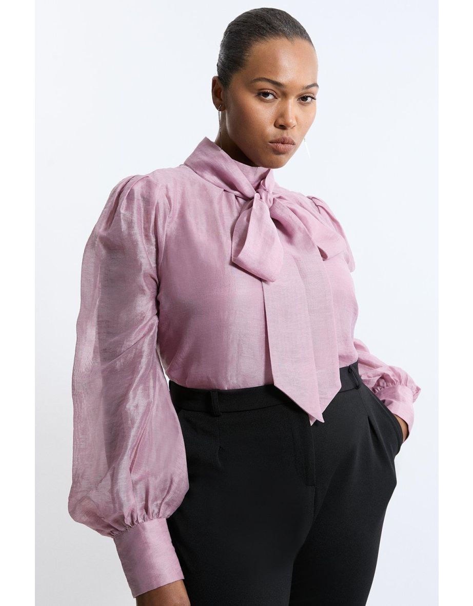 Plus Size Linen Blend Organdie Woven bow Blouse