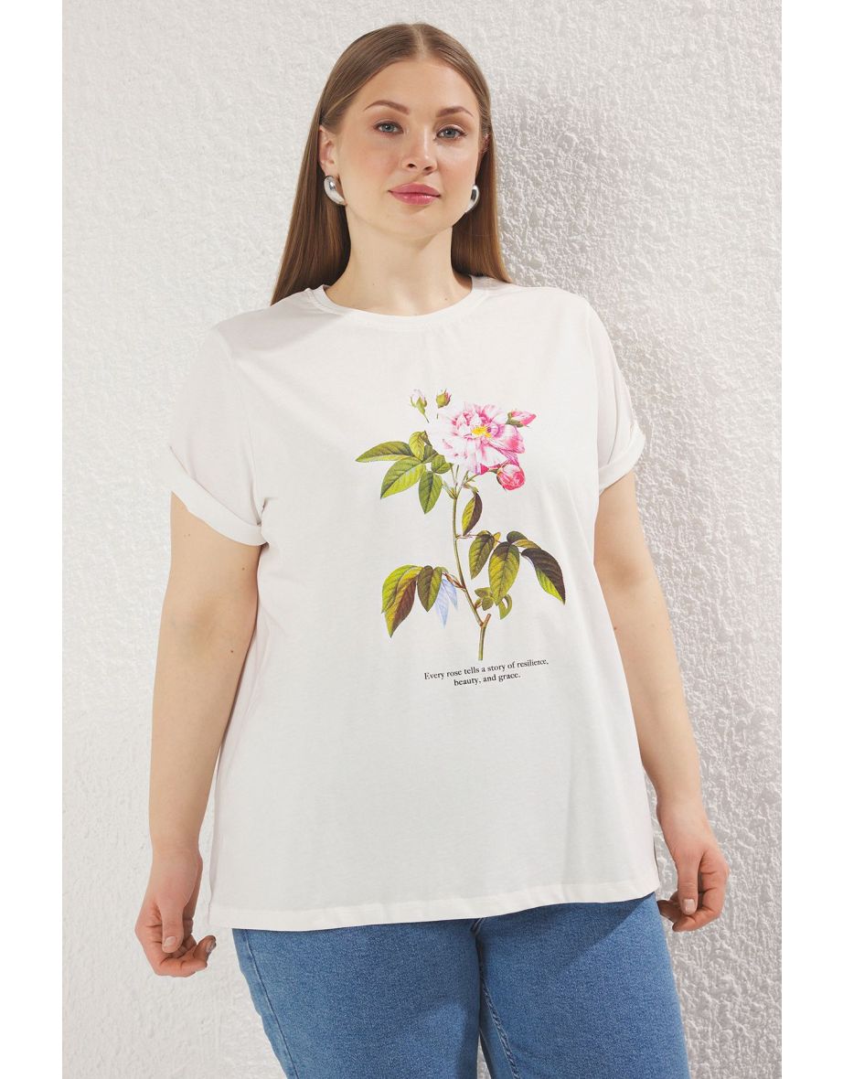 Ecru Crew Neck Floral Printed Boyfriend Fit Plus Size T-shirt