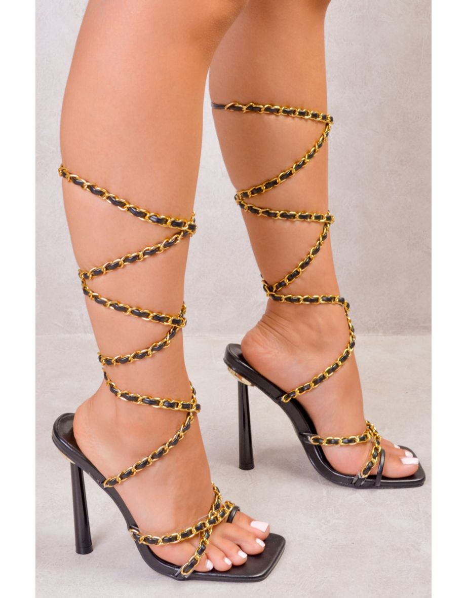 ELLIE MULTI CHAIN STRAP TOE POST LACE UP HEELS IN BLACK FAUX LEATHER - 1