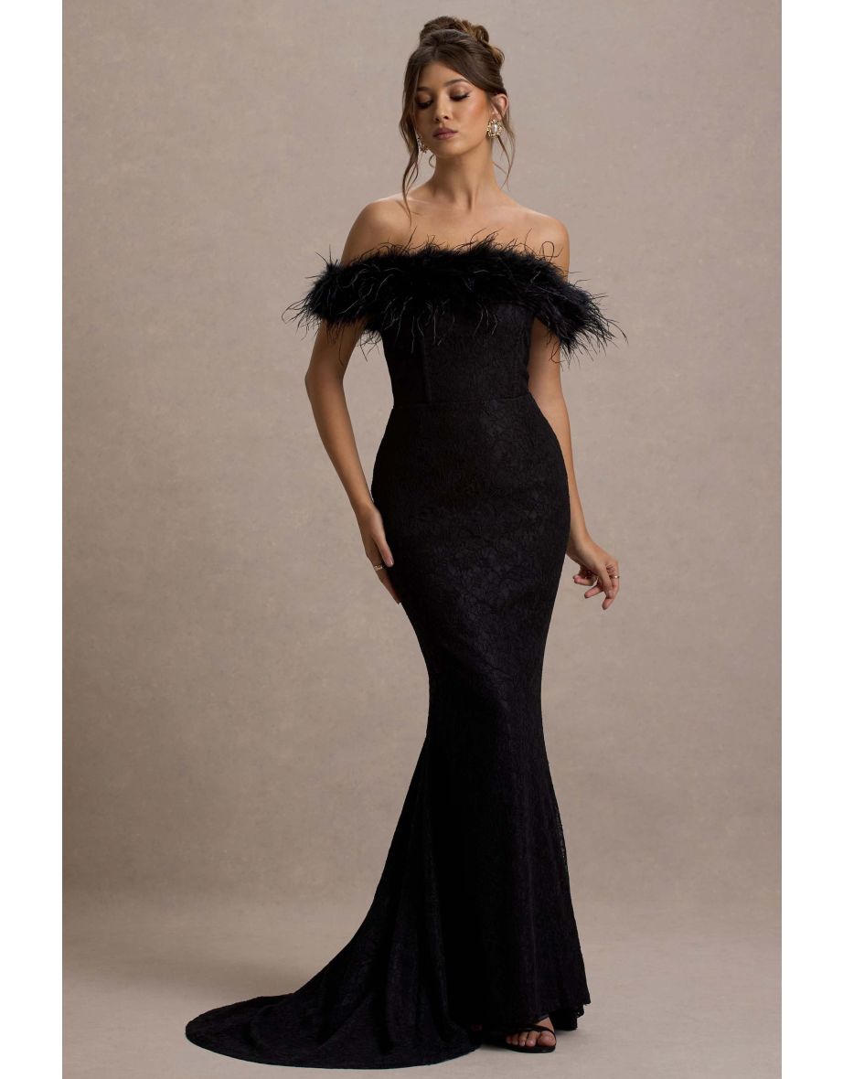 Shop Idyll Black Lace Bardot Feather Fishtail Maxi Dress Online in Bahrain VogaCloset