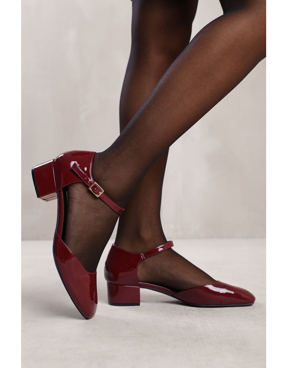 SINGAPORE WIDE FIT SQUARE TOE LOW BLOCK HEEL WITH STRAP IN DEEP CHERRY PATENT