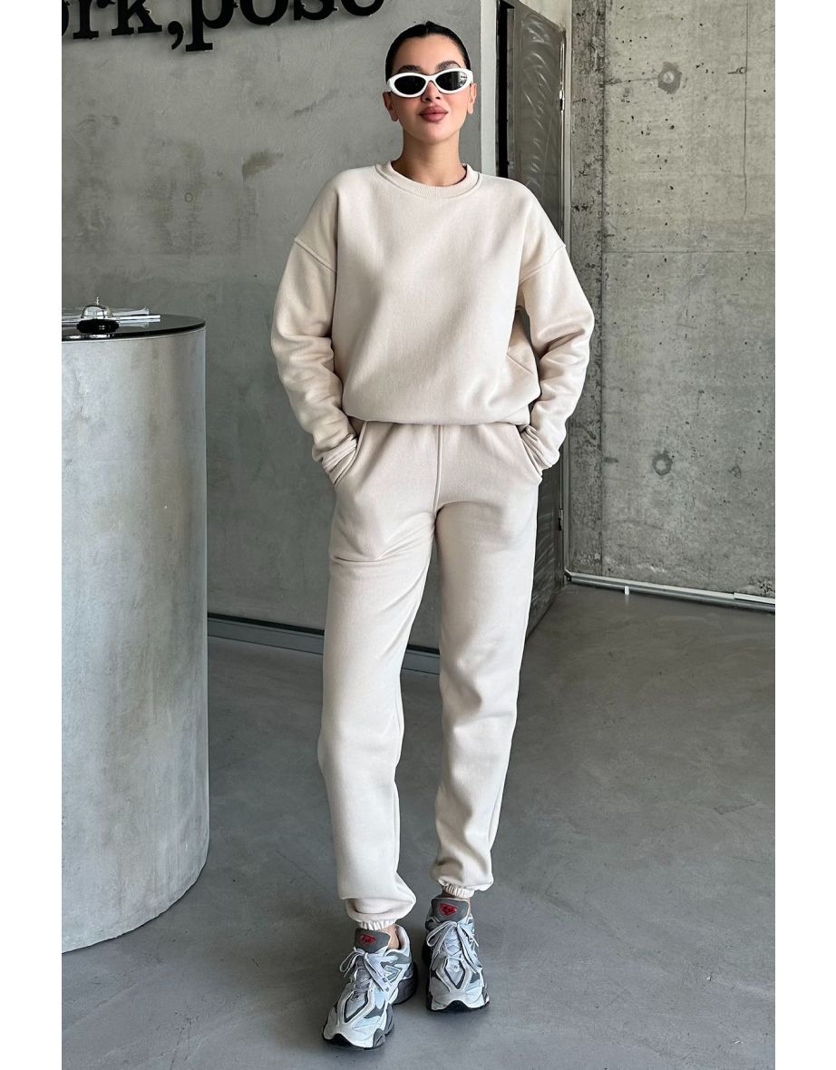 Beige Crew Neck Plain Oversize Bottom-Top Tracksuit Set