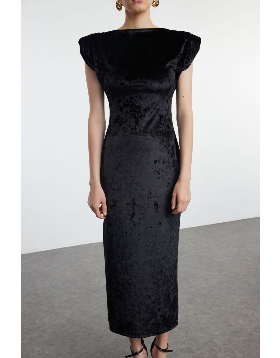 Black Plain Bodycone/Fitting Padded Maxi Stretchy Knitted Dress - 4