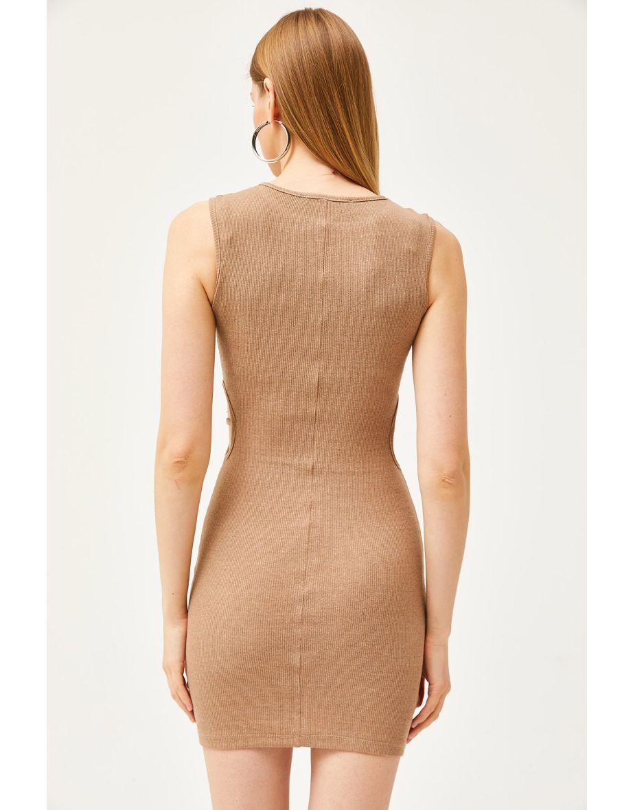 Women's Camel Side Cut Out Detail Lycra Mini Dress - 5