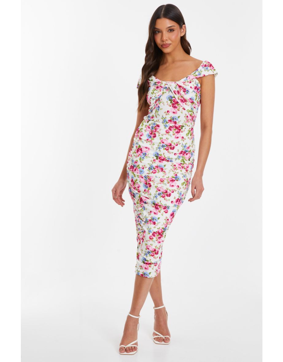 Cream Floral Satin Bardot Midaxi Dress