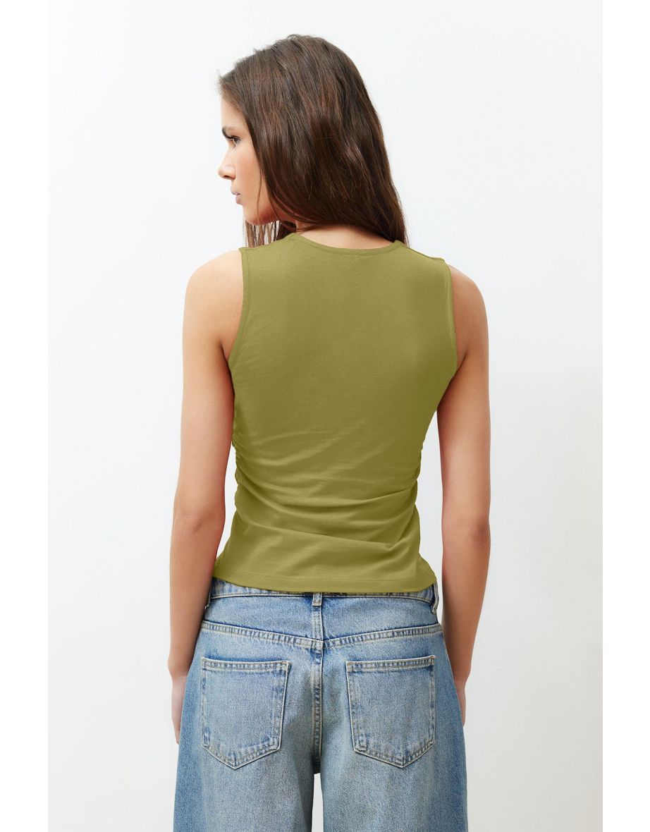 Oil Green Plain Square Neck Strappy Gathered Knitted Blouse - 4