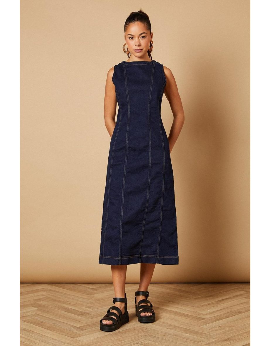 Sleeveless Denim Maxi Dress With Seam Detail