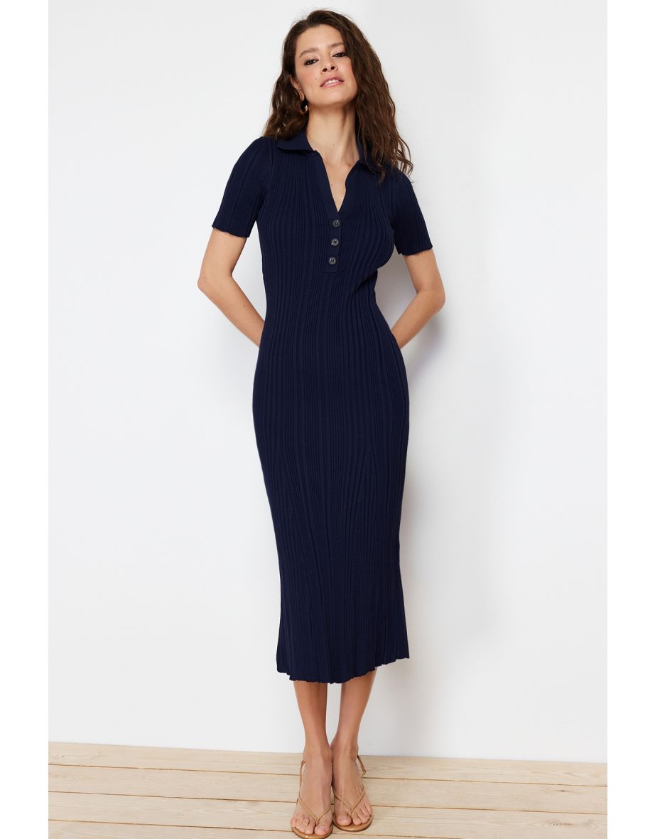 Navy Blue Knitwear Maxi Dress