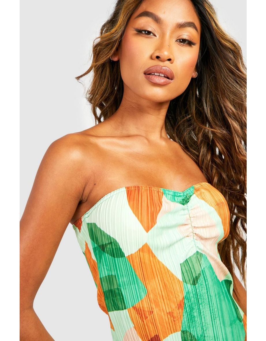 Abstract Printed Plisse Bandeau Midi Dress - green - 3