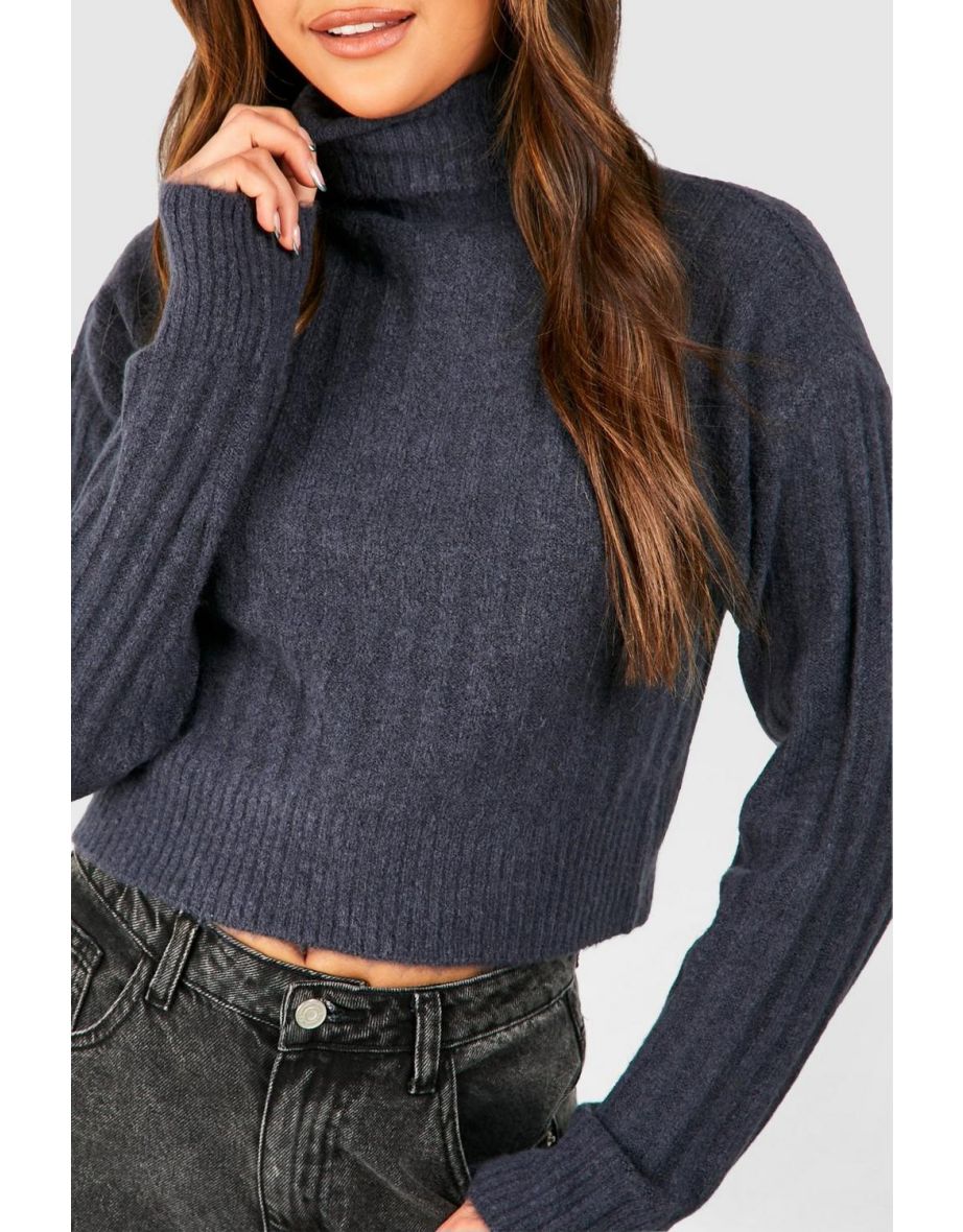 Soft Rib Knit Roll Neck Crop Jumper - charcoal - 3