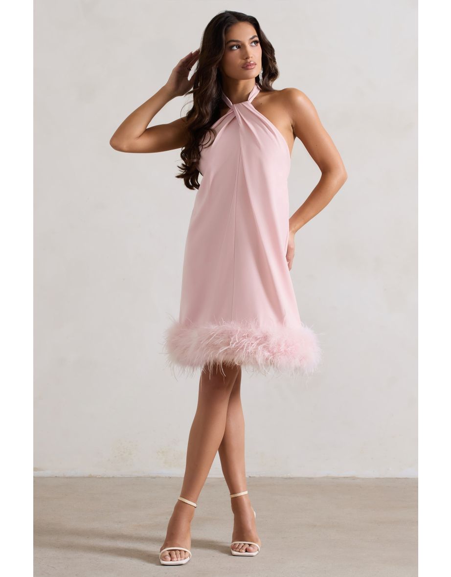 Femme | Pink Halter-Neck Smock Mini Dress With Feather Hem