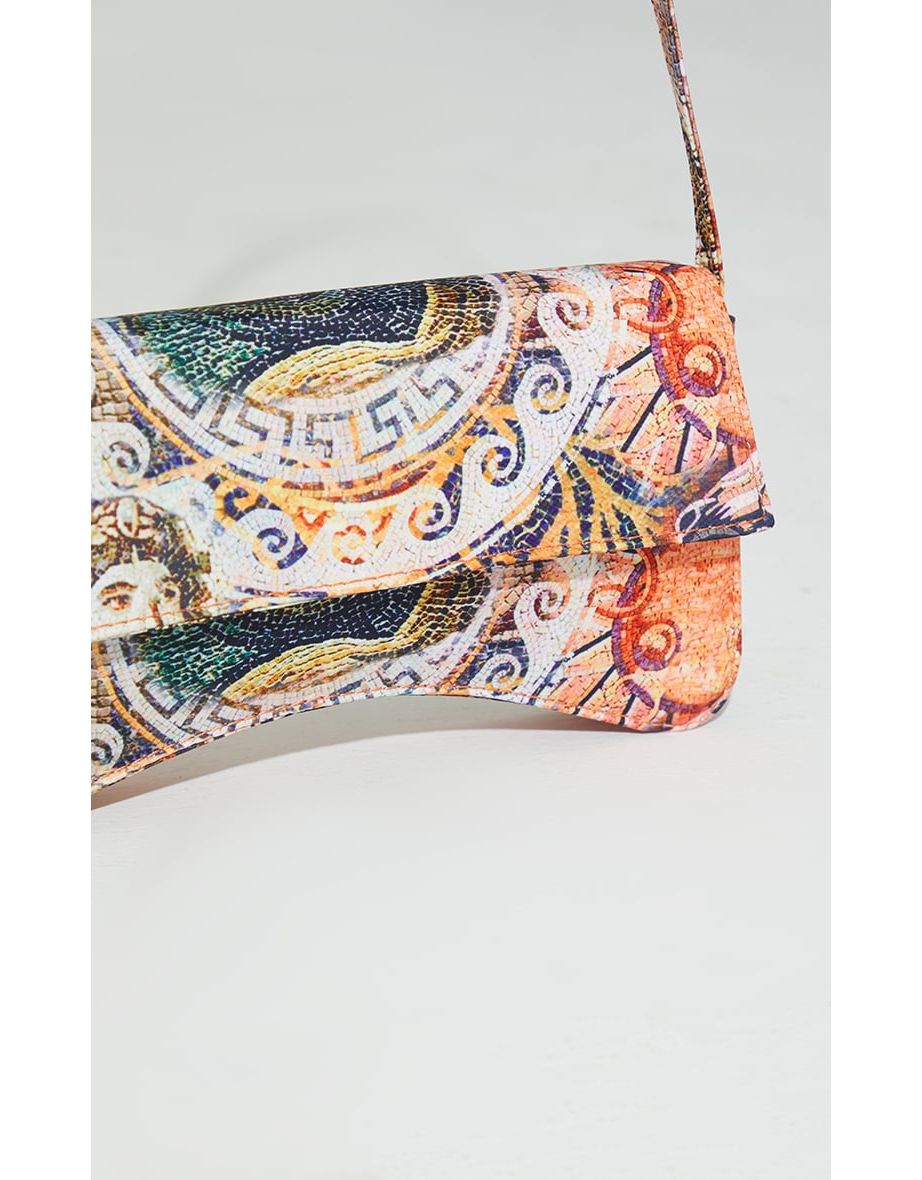 Yellow Roman Horse Mosaic Print Flap Over Baguette Shoulder Bag - 3