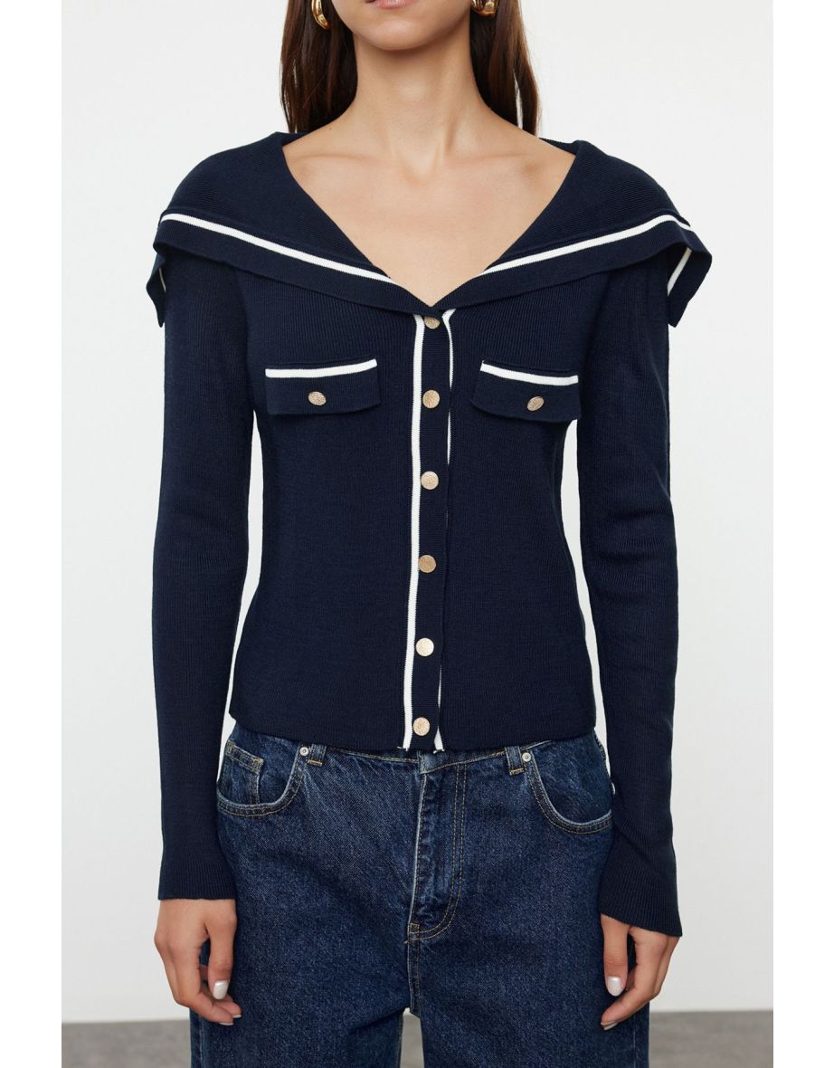 Navy Blue Color Block Turn-down Collar Knitwear Cardigan - 4