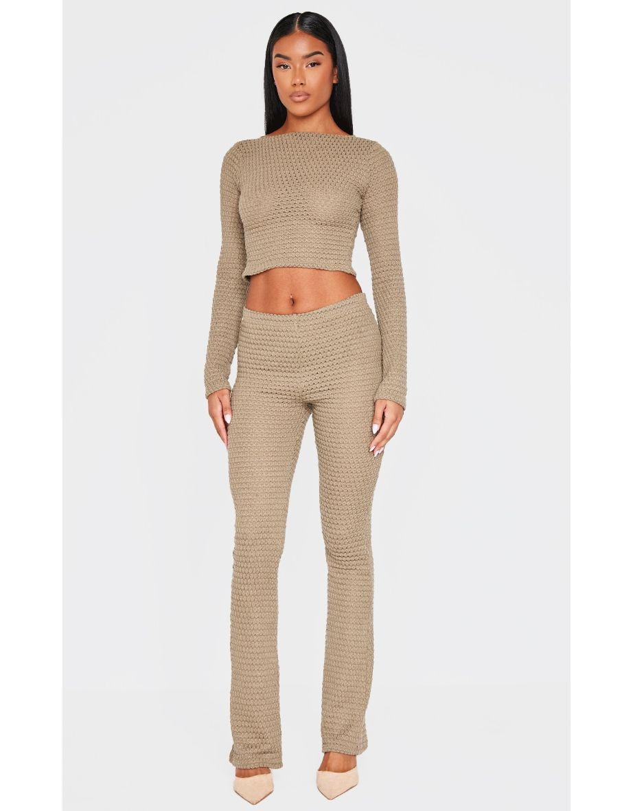 Khaki Textured Mid Rise Skinny Flare Trousers