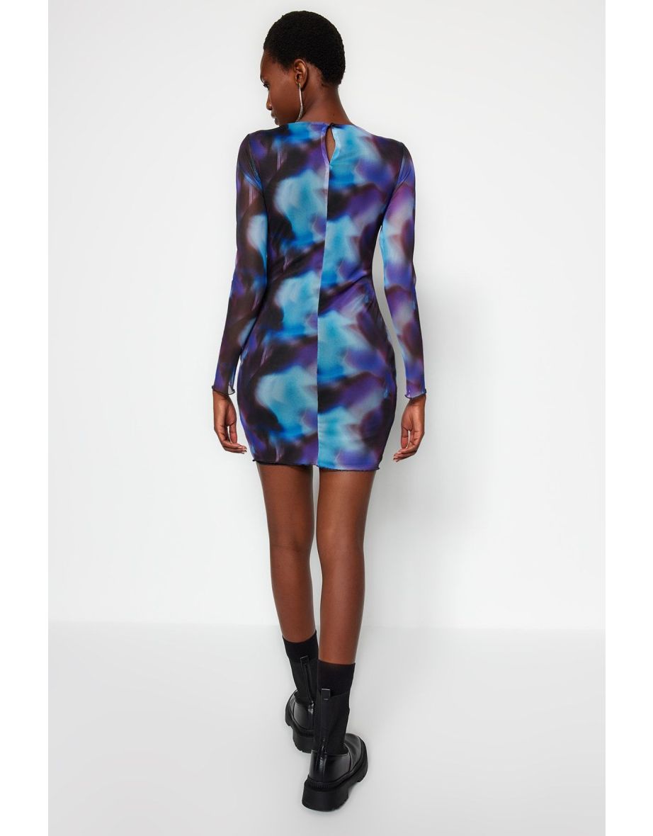 Blue Printed Tulle Fitted/Slippery Mini Knitted Dress - 8