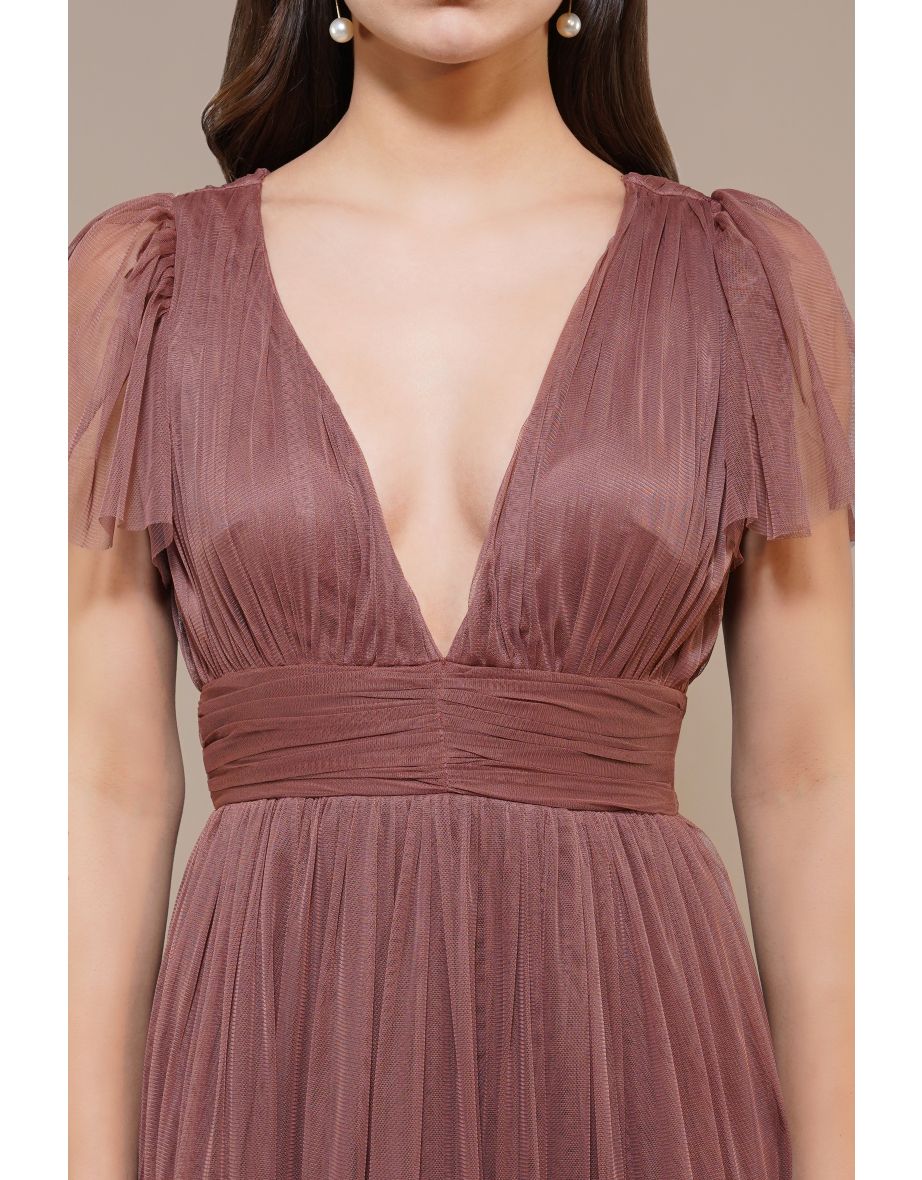 Madison Rose Brown Tulle Bridesmaid Midi Dress - 10