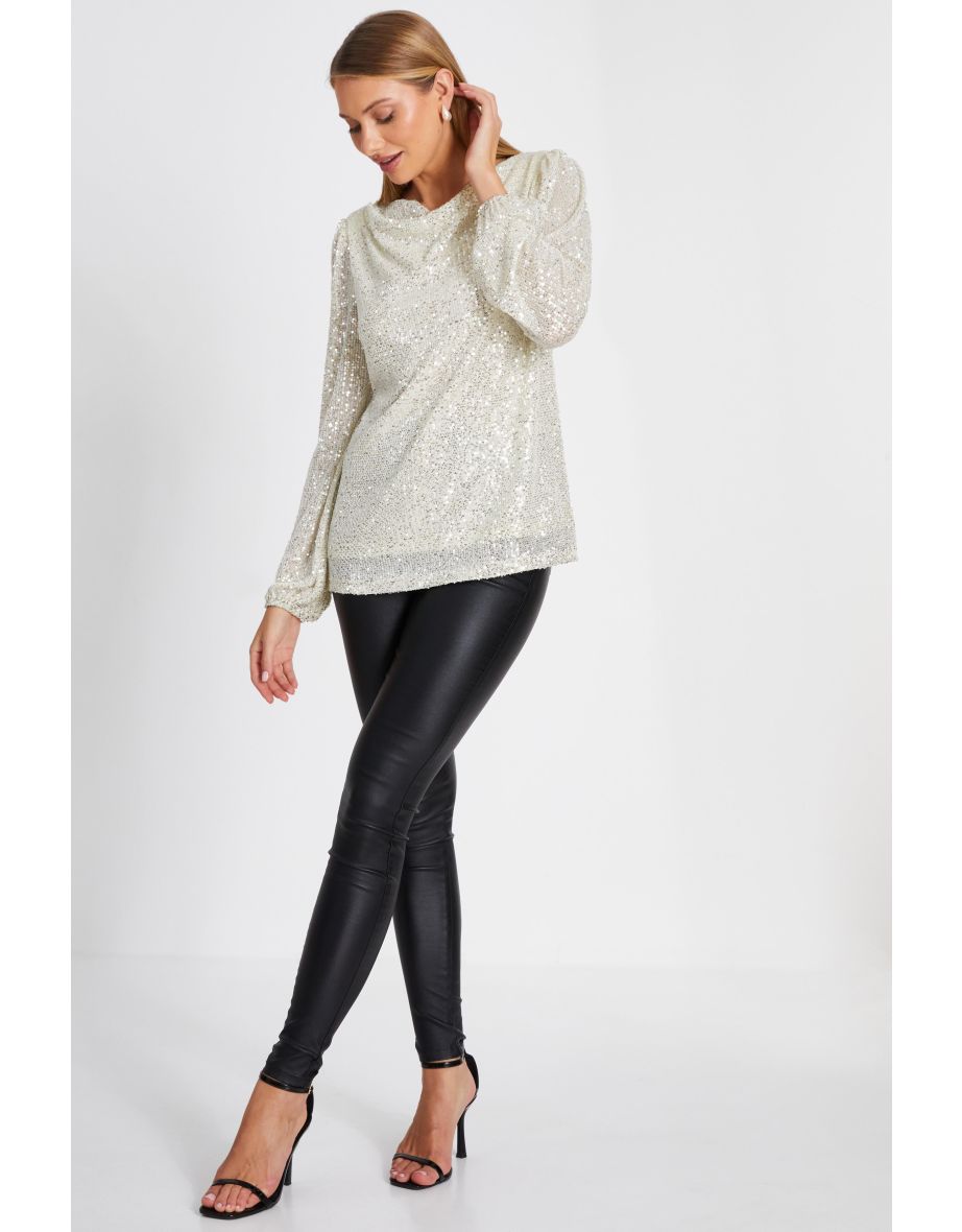 Champagne Sequin Drape Neck Boxy Top