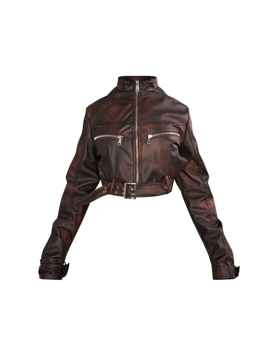 Brown Bleach Effect Faux Leather Belt Detail Biker Jacket - 4