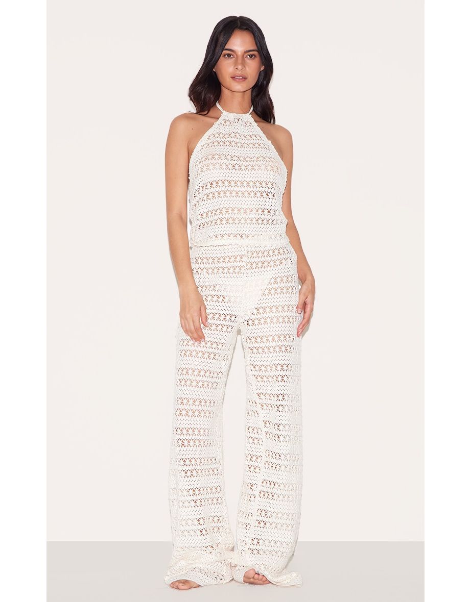 Cream Crochet Wide Leg Trouser Beach Set