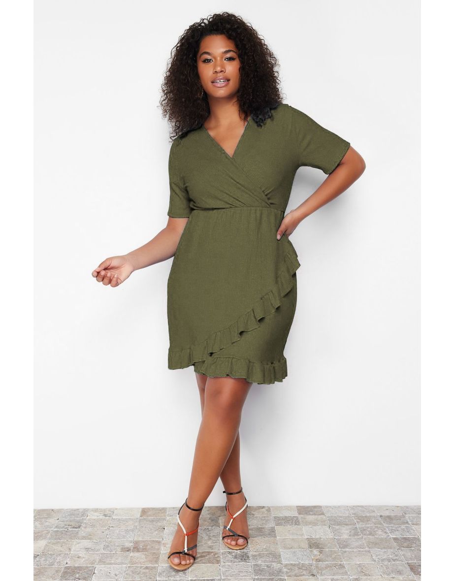 Khaki Crepe Knitting Plus Size Dress