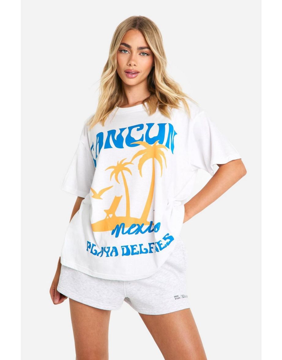 Cancun Mexico Slogan Printed Oversized T-shirt - white