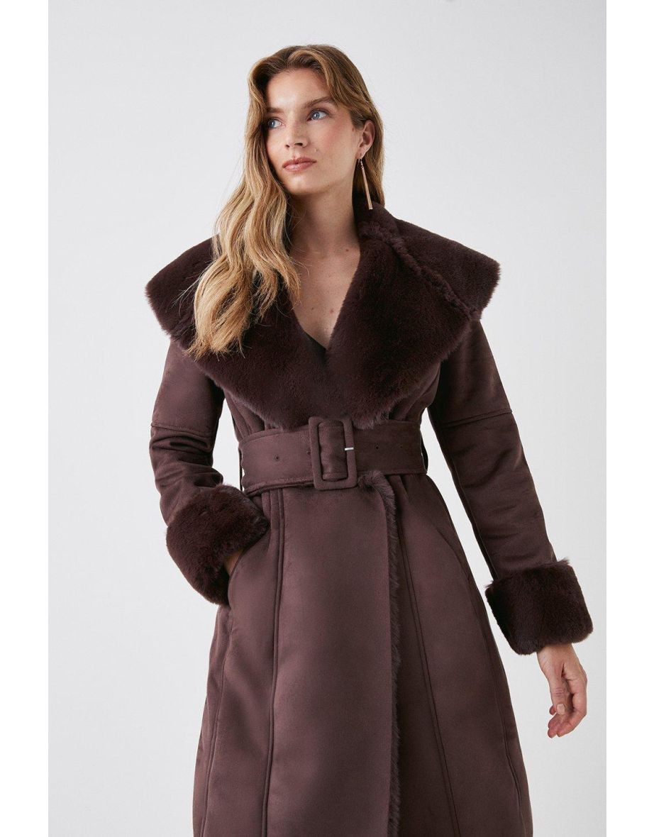 Faux Shearling Collar Belted Long Coat - 3