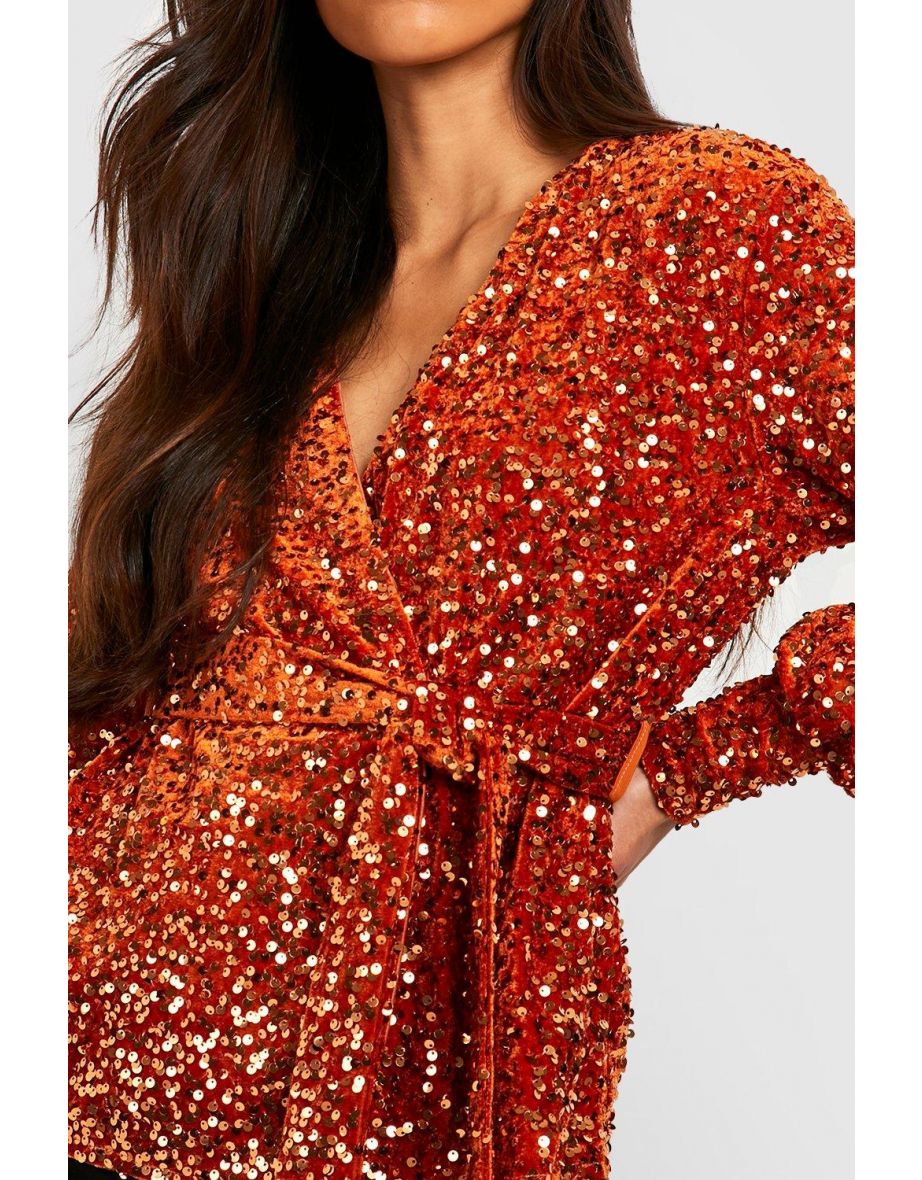Tall Sequin Velvet Wrap Top - burnt orange - 3