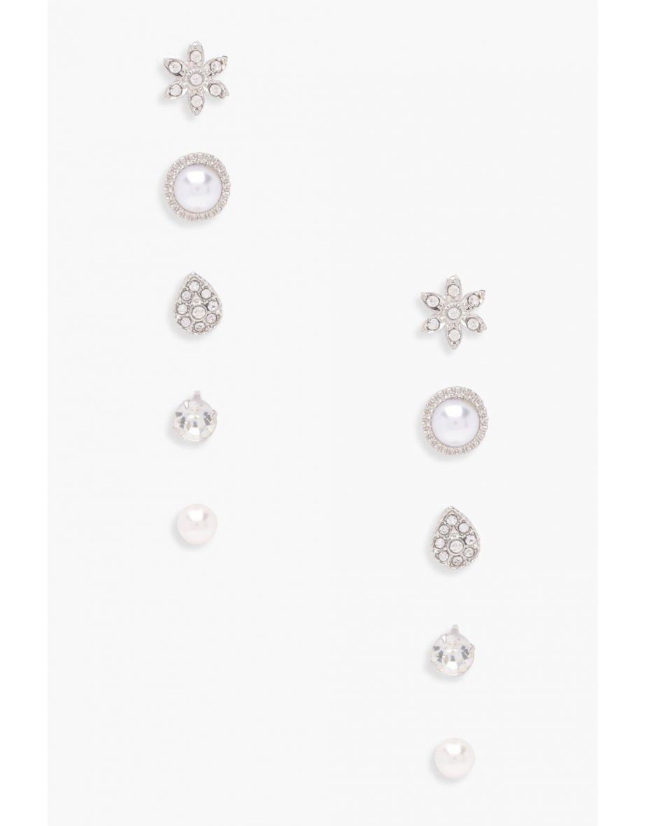 Eva Pearl And Diamante Studs 5 Pack - silver