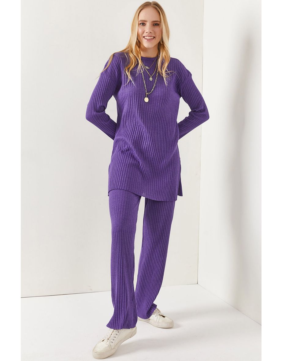 Women's Purple Top Slit Blouse Bottom Palazzo Corduroy Suit