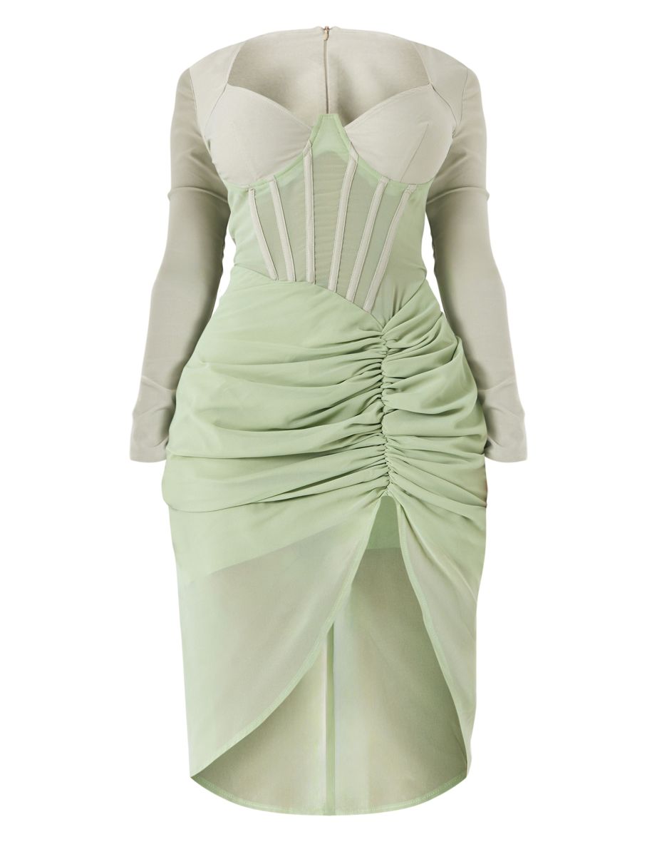 Shape Sage Green Corset Long Sleeve Ruched Midi Dress - 4