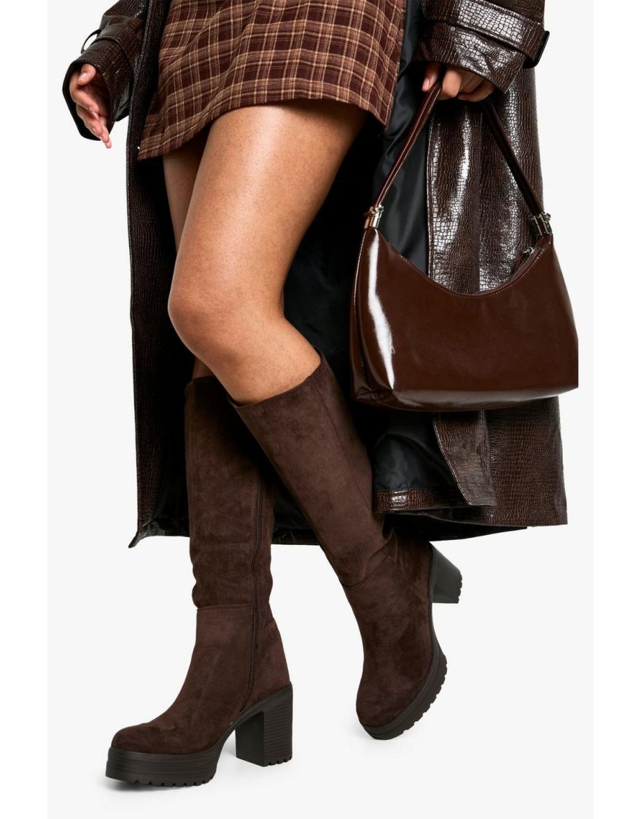 Faux Suede Platform Knee High Boots - brown
