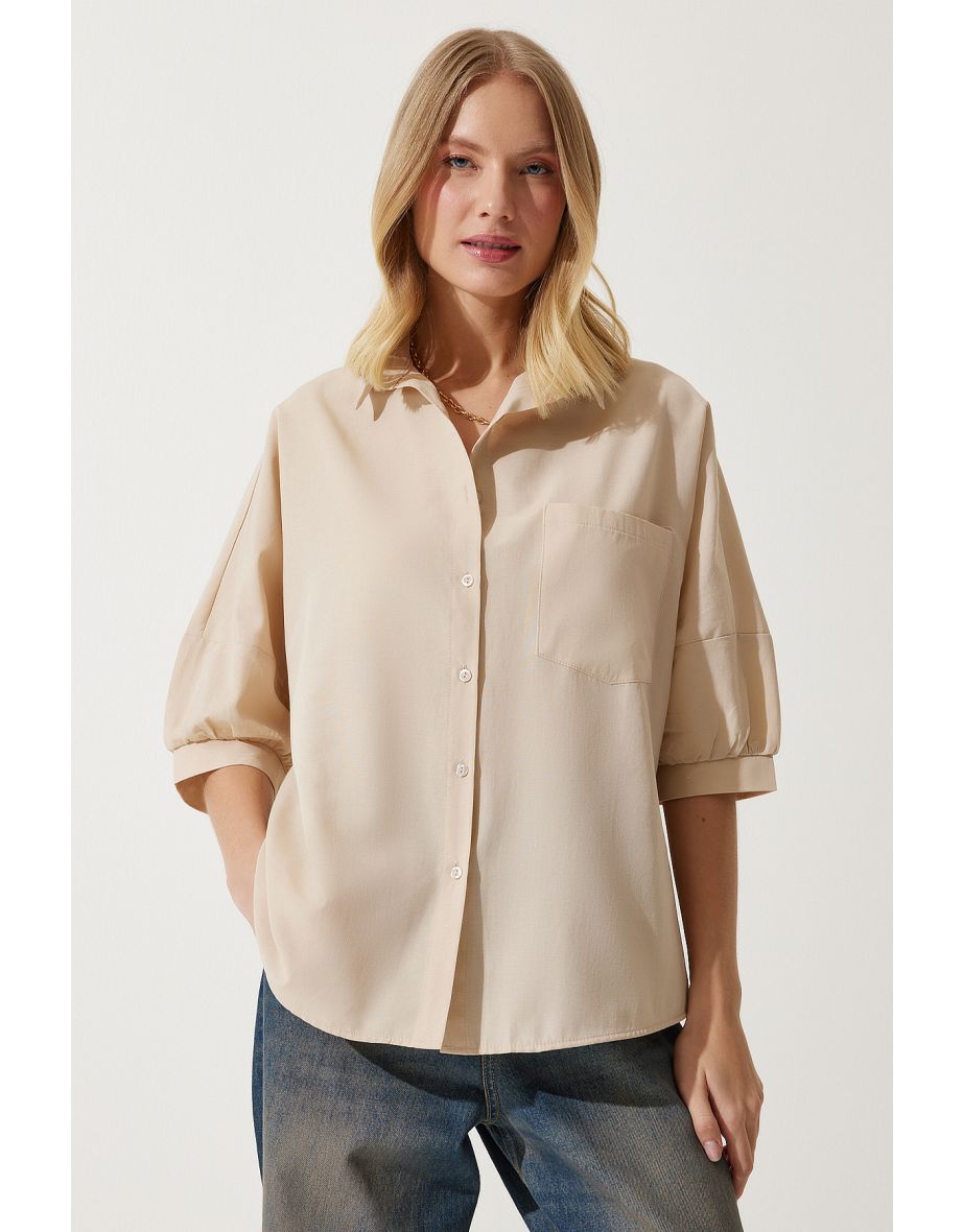Women's Cream Balloon Sleeve Poplin Shirt