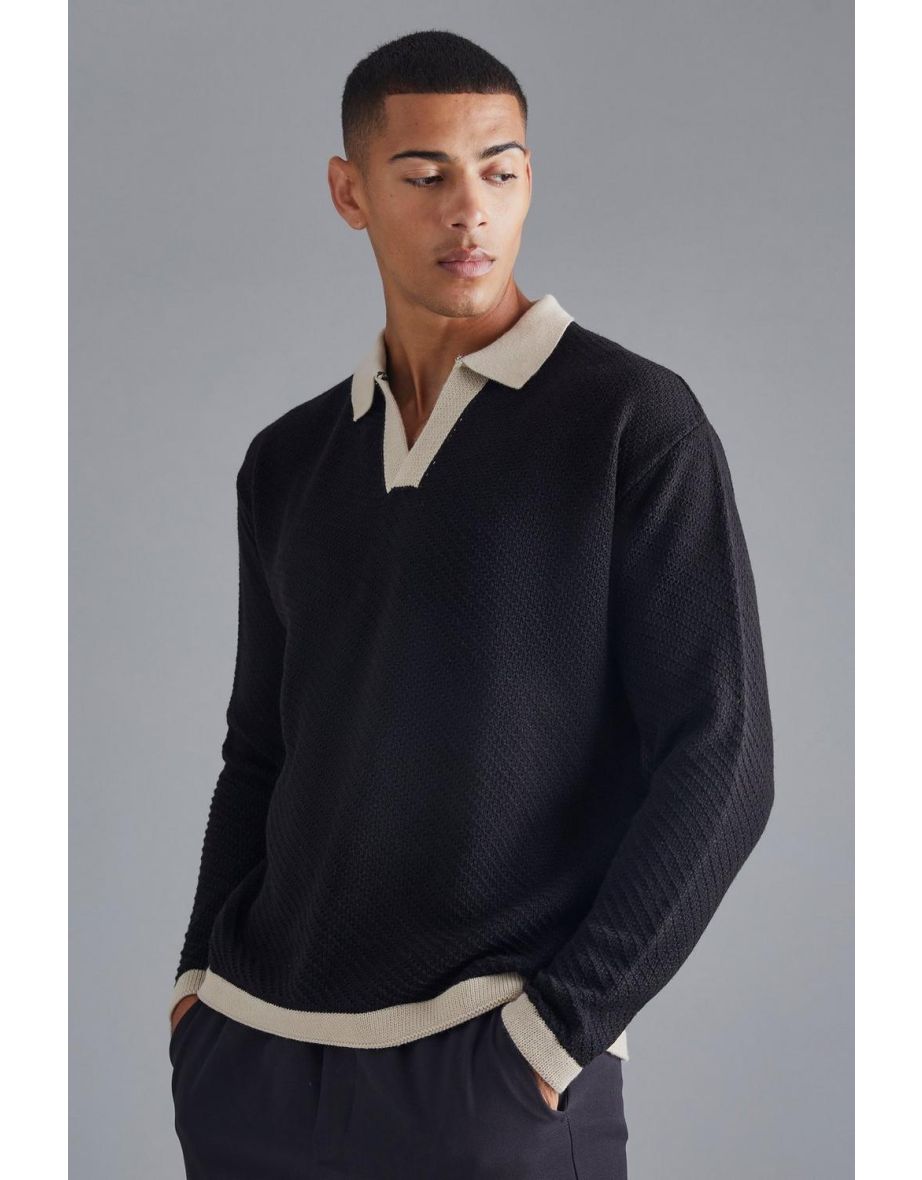 Long Sleeved Oversized Contrast Collar Knitted Polo - black