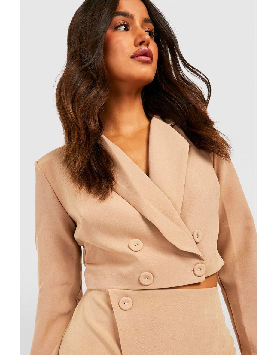 Tailored Double Breasted Cropped Blazer - camel - 3