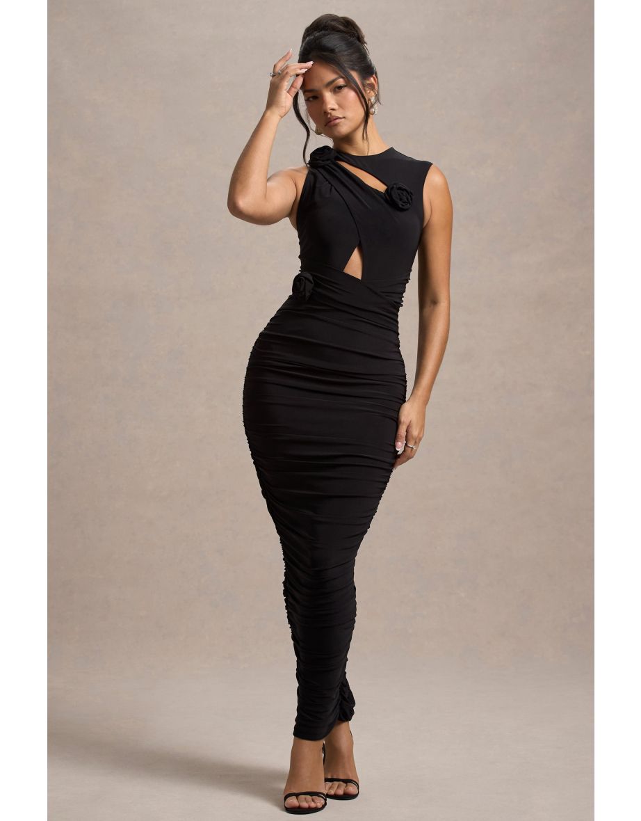 Audelia | Black Cut-Out Maxi Dress With Floral Corsages - 5