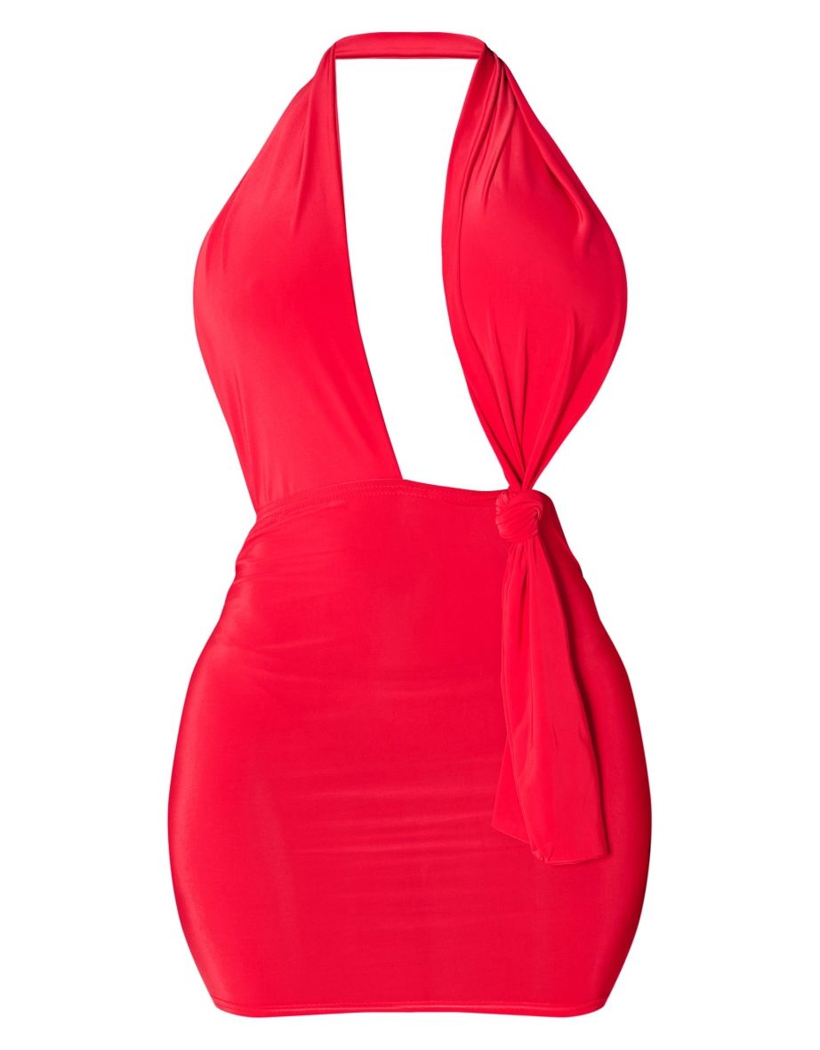 Shape Red Knot Side Plunge Bodycon Dress - 4