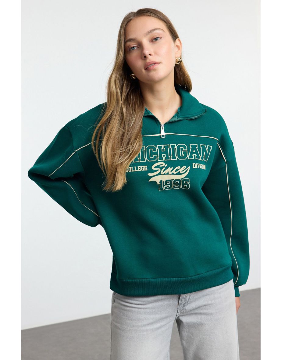 Emerald Green Zippered Printed Oversize Thick Inside Fleece Knitted Sweatshirt