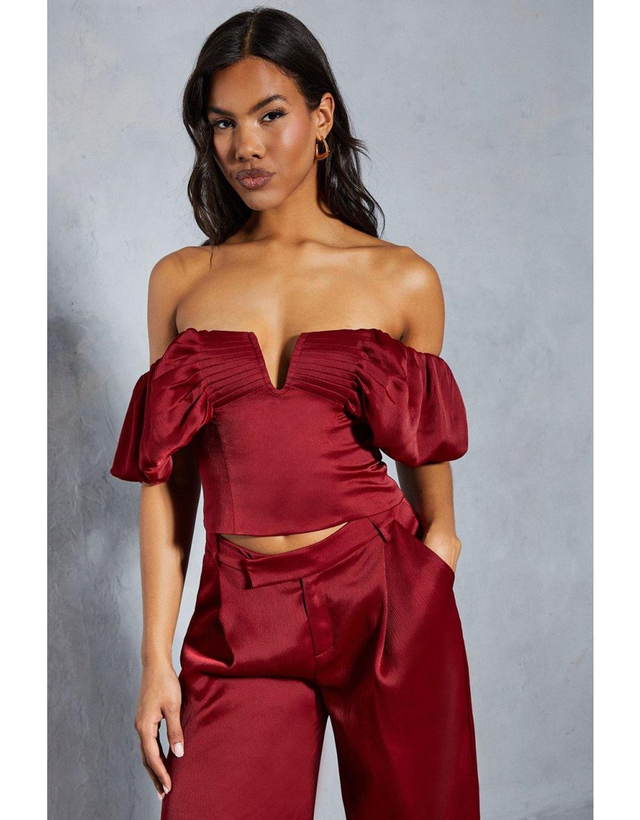 Textured Satin Pleated Bust Frill Bardot Top - 3